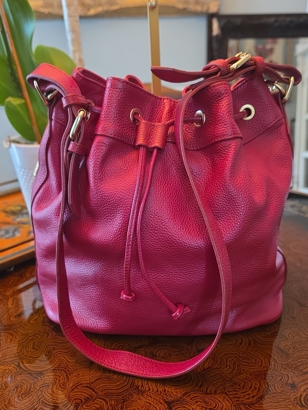 Ora Delphine Red Pebbled Leather Drawstring Shoulder Bucket Bag